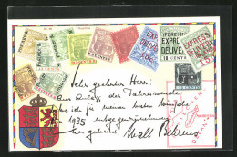 AK Mauritius, Briefmarken, Wappen Und Landkarte  - Timbres (représentations)
