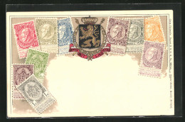 Präge-AK Belgien, Briefmarken, Wappen Mit Löwe Und Krone  - Briefmarken (Abbildungen)