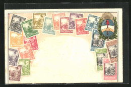 Präge-AK Argentinien, Briefmarken, Wappen  - Briefmarken (Abbildungen)