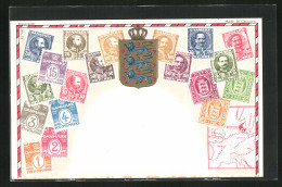 Präge-AK Dänemark, Briefmarken, Wappen Und Landkarte  - Timbres (représentations)