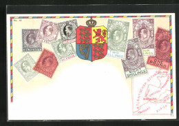 AK Gibraltar, Briefmarken, Landkarte Und Wappen  - Briefmarken (Abbildungen)