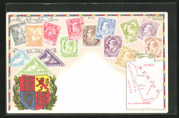 Präge-Künstler-AK Cap Der Guten Hoffnung, Landkarte Mit Angola, Kapland, Und Congo, Briefmarken Und Wappen  - Francobolli (rappresentazioni)
