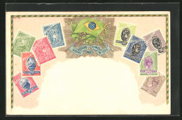 Präge-Lithographie Brazil, Briefmarken Und Fahne  - Briefmarken (Abbildungen)