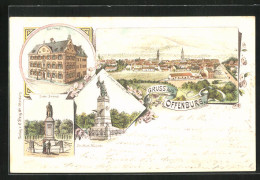 Lithographie Offenburg, Rathaus, Drake-Denkmal, Kireger Denkmal  - Offenburg