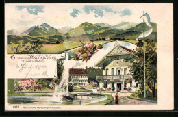 Lithographie Miesbach, Gasthaus Wallenburg Mit Fontäne, Bergpanorama  - Miesbach