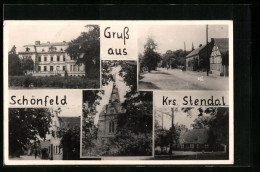 AK Schönfeld /Krs. Stendal, Kirche, Gebäudeansicht, Ortspartie  - Stendal