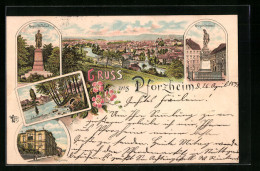Lithographie Pforzheim, Museum, Kaiser Wilhelm I., Kriegerdenkmal, Schelmenthurm  - Pforzheim