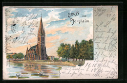 Lithographie Pforzheim, Kirche Vom Teich Aus Gesehen  - Pforzheim
