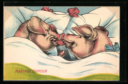 AK Mariage D`Amour, Liebesheirat, Schweinepaar Beim Kuss  - Cochons