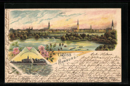 Lithographie Hamburg, Totalansicht Mit Alster Und Uhlenhorster Fährhaus  - Nord