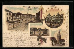 Lithographie Friedberg I. H., Strassenpartie, Alte Häuser, Adolfsthurm  - Friedberg
