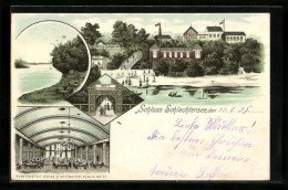 Lithographie Berlin-Zehlendorf, Restaurant Schloss Schlachtensee, Innenansicht, Uferpartie  - Zehlendorf