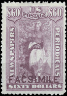 ÉTATS-UNIS / USA - 1875/85 Issue  German Reproduction ("FACSIMILE") Of Sc.type N14 $60 Purple - No Gum - Zeitungsmarken & Streifbänder