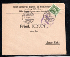 1916 , 12 1/2 C. Grün ,  Perfin " DL " ,Vordruck "Dt.Lux. Hütten... "  Bf An Krupp In Essen , Zensur-Stp #106 - 1914-24 Marie-Adélaida