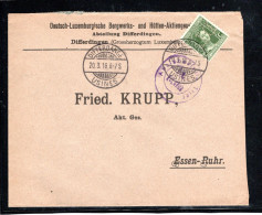 1916 , 12 1/2 C. Grün ,  Perfin " DL " ,Vordruck "Dt.Lux. Hütten... "  Bf An Krupp In Essen , Zensur-Stp #106 - 1914-24 Maria-Adelaide