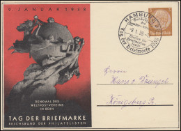 Sonderpostkarte TAG DER BRIEFMARKE Rot Weltpostverein 3 Pf SSt HAMBURG 9.1.38 - Stamp's Day