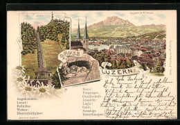 Lithographie Luzern, Ortsansicht Mit Pilatus, Zahnradbahn Gütsch, Löwen Denkmal, Edelweiss  - Lucerne