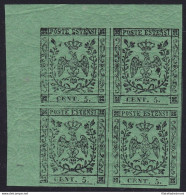 1852 MODENA, N° 7 5 Cent. Verde  MNH/**  QUARTINA Certificato Bolaffi/A.Diena - Modena