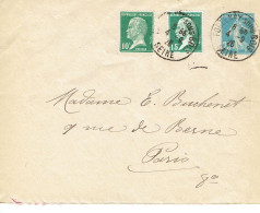 Tarifs Postaux France Du 09-08-1926 (02) Pasteur N° 170 10 C. + Pasteur N° 171 15 C. + Semeuse 25 C. LSI 04-09-1926 - 1922-26 Pasteur