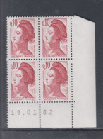 France Type Liberté N° 2179 XX : 10 C. Rouge-brun En Bloc De 4 Coin Daté Du 19 . 01 . 82, Sans Trait Sans Charnière TB - 1980-1989