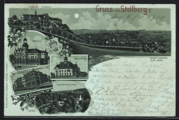 Mondschein-Lithographie Stollberg I. E., Schloss Hoheneck, Postgebäude, Rathaus  - Stollberg (Erzgeb.)