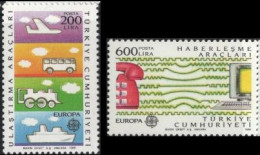 Turkey 1988 Communication 2 Values MNH Cept, Plane, Ship, Autobus, Locomotive, Telephone, Computer - Telecom