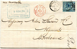 MAURICE - LETTRE DE MAURICE POUR BORDEAUX, 1878 - Mauritius (...-1967)