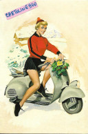 Vespa Dell'anno 1954 Con Ragazza Del Vespa Club Genova Su Cartolina Doppia Illustratore F.mosca (v.scansioni) - Motorbikes