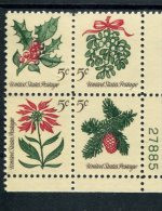 222098121 1964 (XX) SCOTT 1257C POSTFRIS MINT NEVER HINGED  CHRISTMAS FLORA TAGGED BLOCK WITH PLATE NUMBER - Nuevos