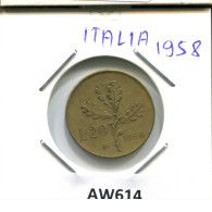 20 LIRE 1958 R ITALIA ITALY Moneda #AW614.E.A - 20 Liras