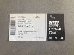 Derby County V Norwich City 2016-17 Match Ticket - Tickets & Toegangskaarten