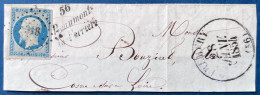 Fragment De Lettre Presidence N°10 25c Bleu Obl PC 318 + T13 De PREMERY + Cursive " 56 Beaumont La Ferrière " - 1852 Louis-Napoléon