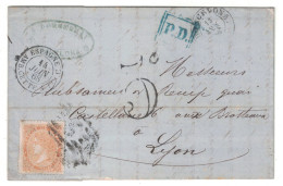 CAD CACHET D'ENTRÉE AMBULANT 1868 " ESPAGNE / AMB. CETTE. TAR. C " Sur LETTRE COVER De BARCELONA SPAIN TAXE 5c PD BLEU - Marques D'entrées