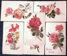 CPA Lot 6 X Litho Illustrateur EUDE  BOUQUET FLEURS FLEUR EGLANTIER BLEUET Rose VOEUX LANGAGE - Collections & Lots
