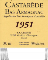 ETIQUETTES. BAS ARMAGNAC CASTAREDE 1951 (Mauléon D'Armagnac. 32240)  50cl. ..C112 - Autres & Non Classés