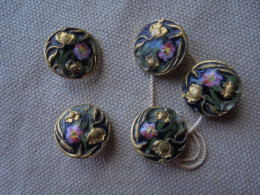 Ancien - 5 Petits Boutons Laiton Et émail 1,6 Mm E.M Paris Art Nouveau - Boutons