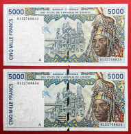 N°56 BILLET DE BANQUE SUITE DE 2X 5000 FRANCS CÔTE D'IVOIRE 2001 Pr NEUF / AUNC - Côte D'Ivoire