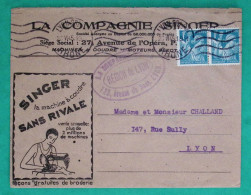 N°650 X2 IRIS BELLE ENVELOPPE PUB LA COMPAGNIE SINGER MACHINE A COUDRE LYON RHONE 1945 LETTRE COVER FRANCE - 1939-44 Iris