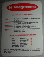 Petit Calendrier  Poche 1982 Journal Le Télégramme - Tamaño Pequeño : 1981-90