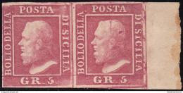 1859 Sicilia, N. 9 5 Grana Ia Tavola Coppia Con Bordo Di Foglio MLH/* Certificato Raybaudi - Sicilia