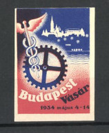Reklamemarke Budapest, Vásár 1934, Messelogo Hermesstab Mit Zahnrad, Stadtsilhouette  - Erinnofilia