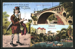 AK Plauen I. V., Friedrich August-Brücke, Poppenmühle, Fritze Bliemchen  - Plauen