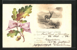 Lithographie Hirsch Am Seeufer, Eichenlaub, Jagdeinladung  - Chasse