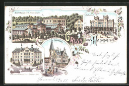 Lithographie Hamm I. Westf., Bahnhof, Ständehaus, Oberlandesgericht  - Hamm