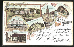 Lithographie Bad Hamm I. W., Hotel Feldhaus, Bahnhof, Weststrasse  - Hamm