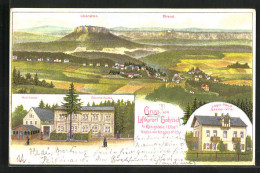 Lithographie Gohrisch B. Königstein /Elbe, Kurhaus Sennerhütte, Logis-Haus Senner-Villa, Teilansicht Mit Lilienstein  - Gohrisch