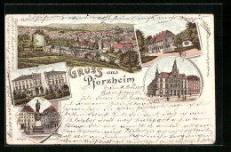 Lithographie Pforzheim, Krieger-Denkmal, Seehaus, Rathaus, Kunstgewerbeschule  - Pforzheim