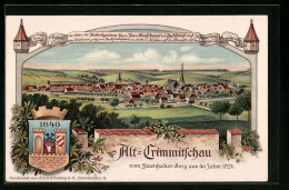 Lithographie Crimmitschau, Ortsansicht Vom Lauenhainer-Berg Im Jahre 1724, Wappen - Karte Zur Stadtrechtsfeier 1914  - Crimmitschau