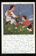 Künstler-AK Rotes Kreuz, Kinder Mit Katze Auf Einer Blumenwiese  - Cruz Roja