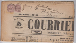 AIN JOURNAL MERCREDI 16 MAI 1906 COURRIER DE L'AIN TARIF 4C TYPE BLANC N°108 X 2 OBLIT T84 ST JULIEN DE REYSSOUZE - Zeitungsmarken (Streifbänder)